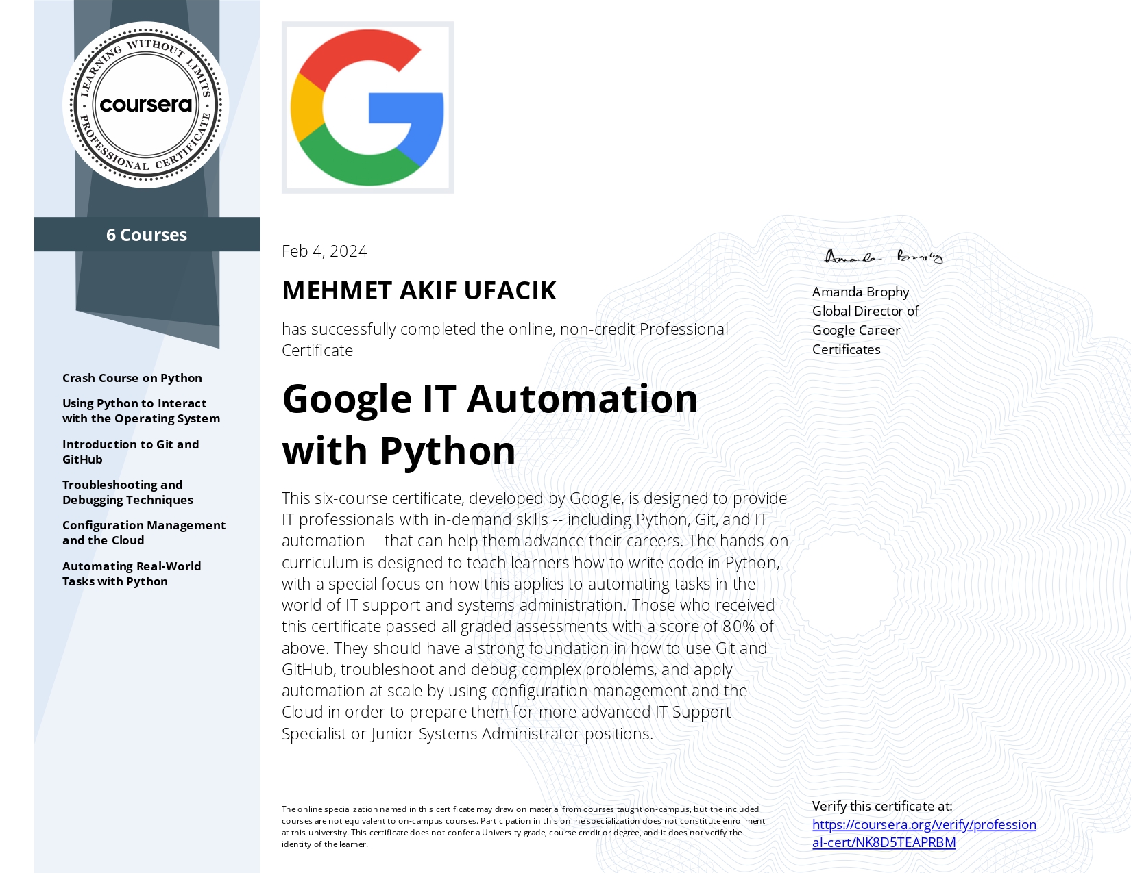 Google IT Automation with Python Specialization Certificate